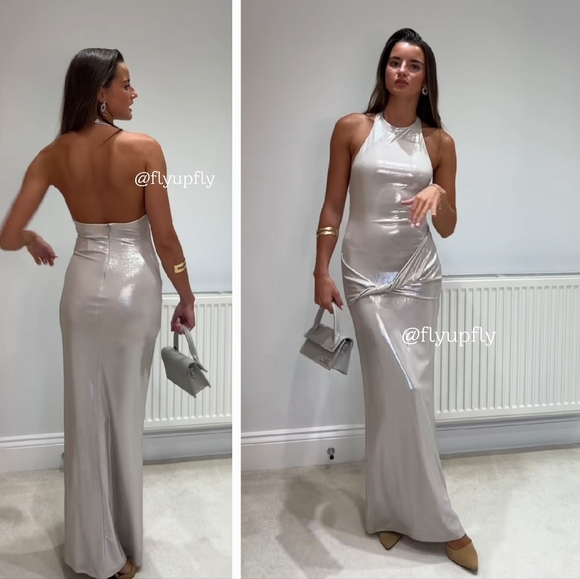 ZARA LONG SILVER METALLIC FOIL MAXI HALTER DRESS - Picture 1 of 16